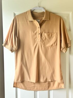 Vintage 80s Lilli Ann Collections Knit Collar Polo Blouse Top Tan Camel Size M